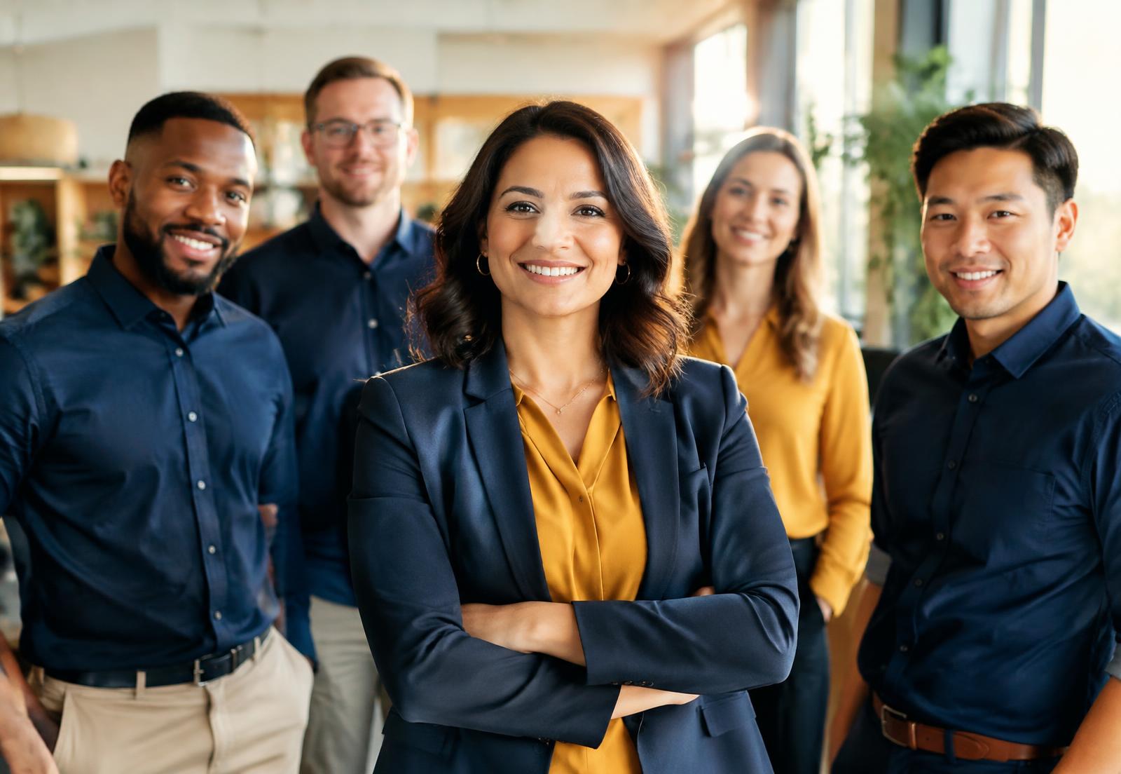 A diverse business team led by an executive